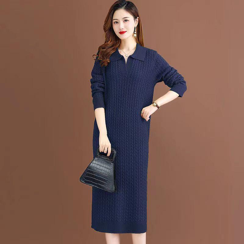 Women's knit dress with classic polo collar and fine cable pattern Ivyshape