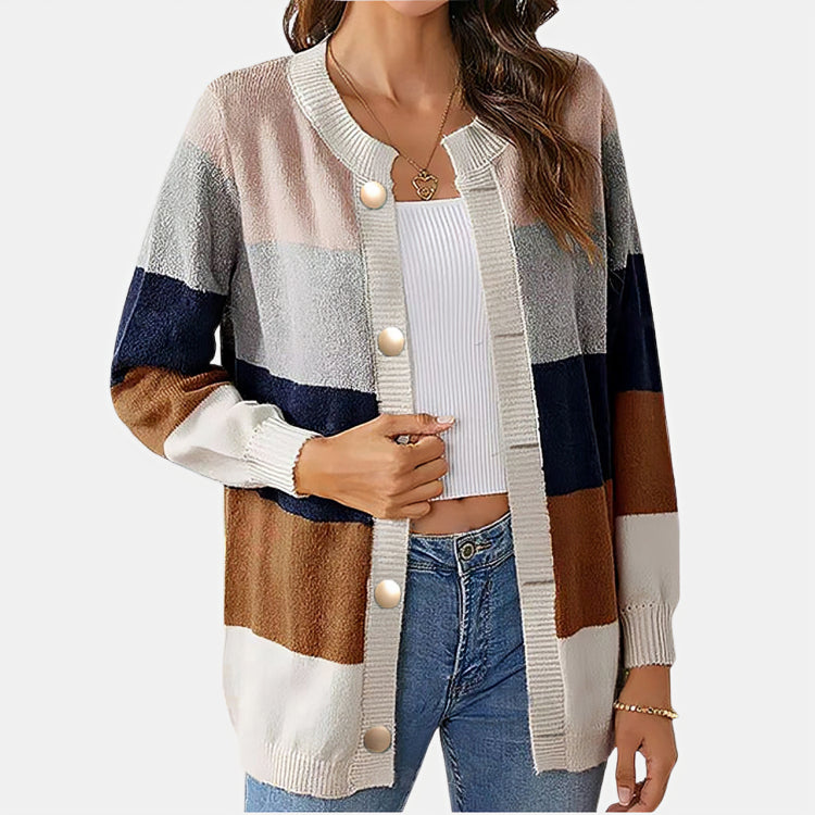 Ivyshape | Women's Buttoned Cardigan Stripes