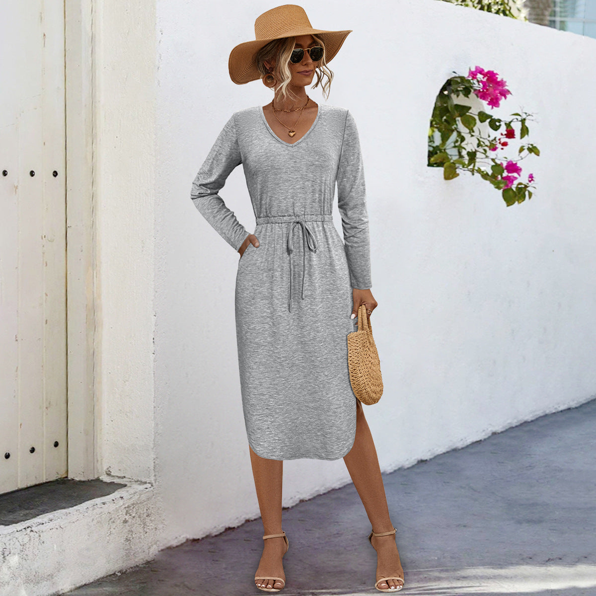 Women casual midi dress with V-neck and adjustable waist drawstring Ivyshape