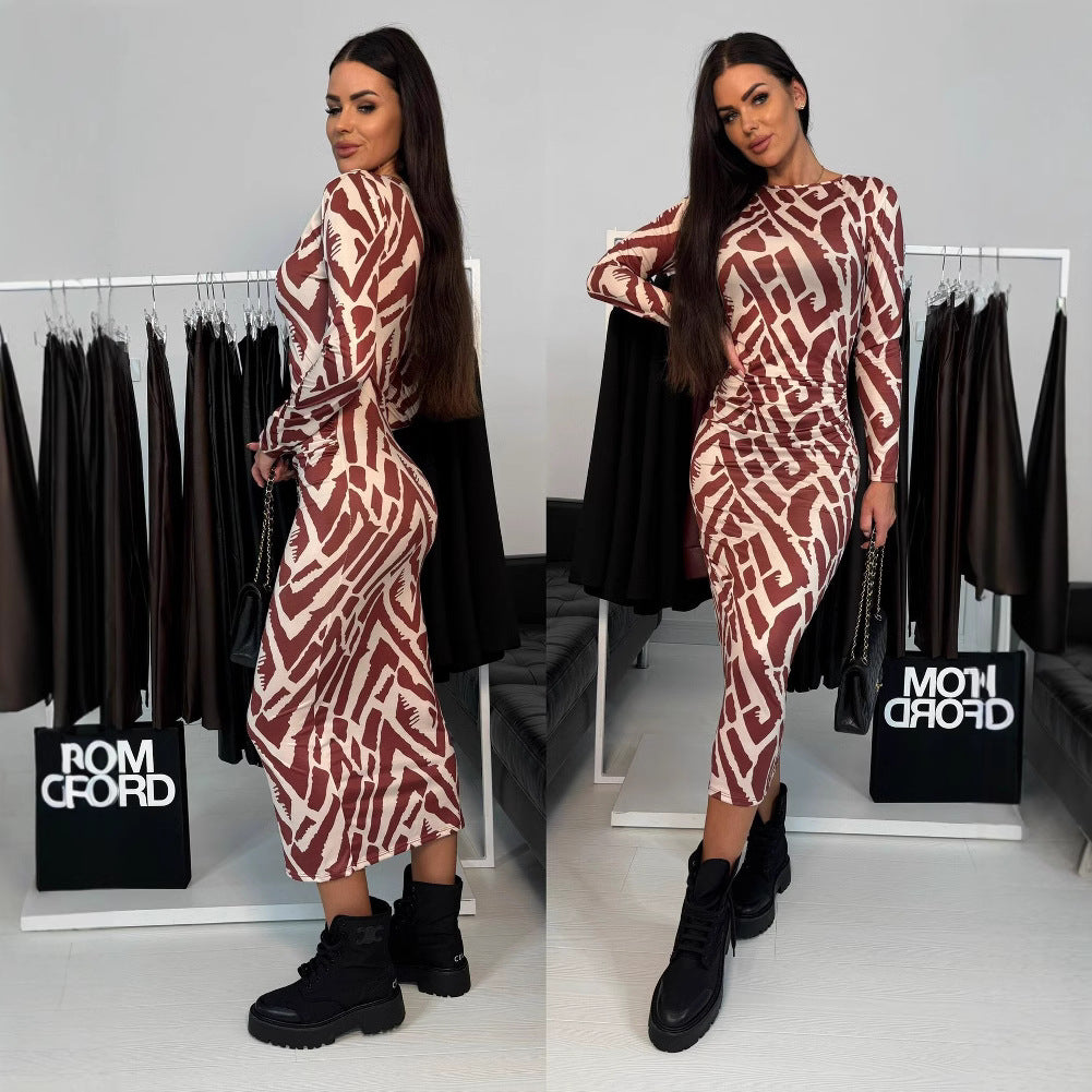 Women Figure-hugging Dress with Graphic Pattern and Long Sleeves Ivyshape