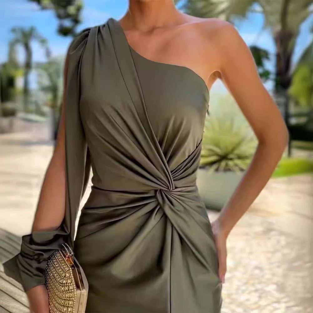 Women Elegant Wrap Dress with Asymmetrical Neckline and Side Slit Ivyshape