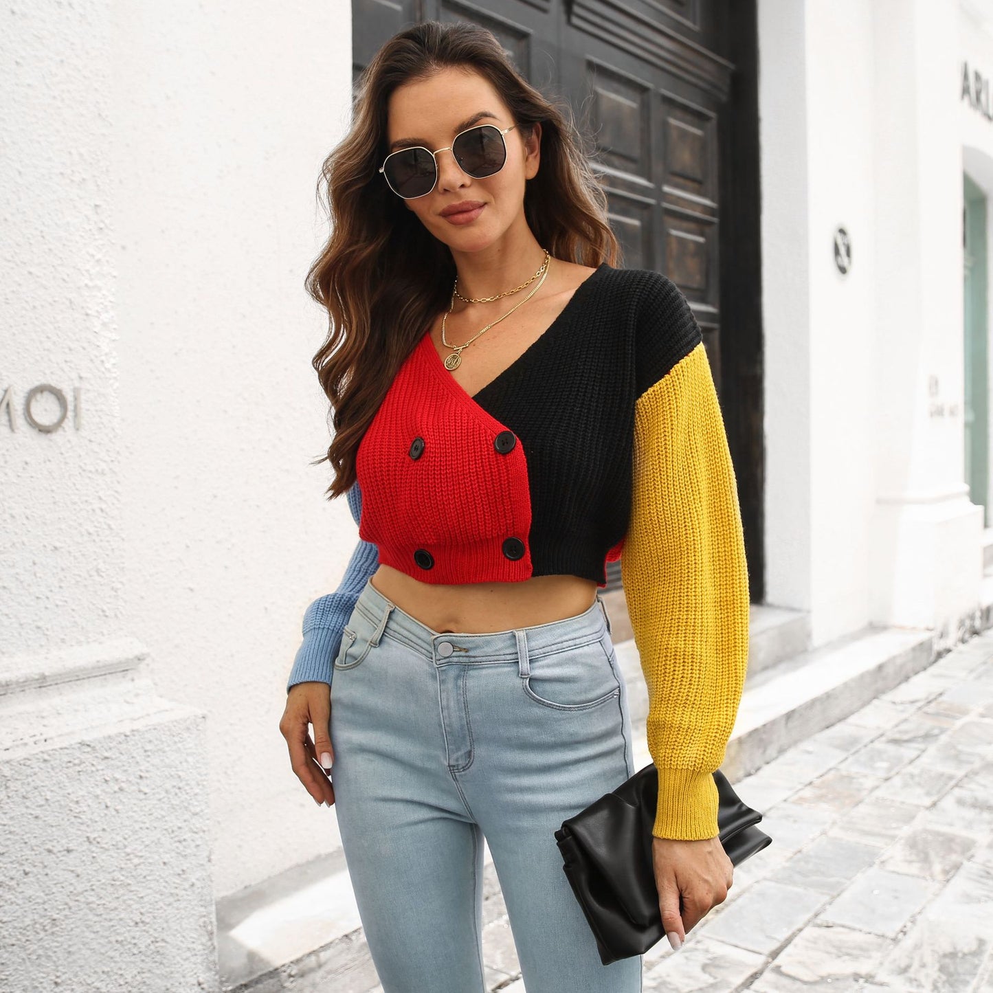 Ladies cropped cardigan with fashionable color block design Ivyshape