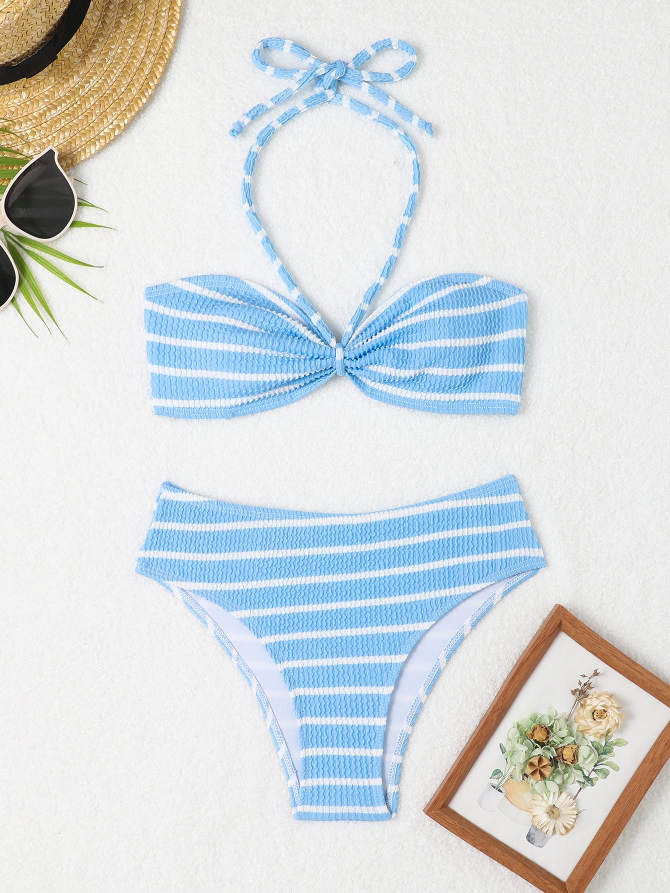 Women striped bikini set with braided top and high leg cut Ivyshape