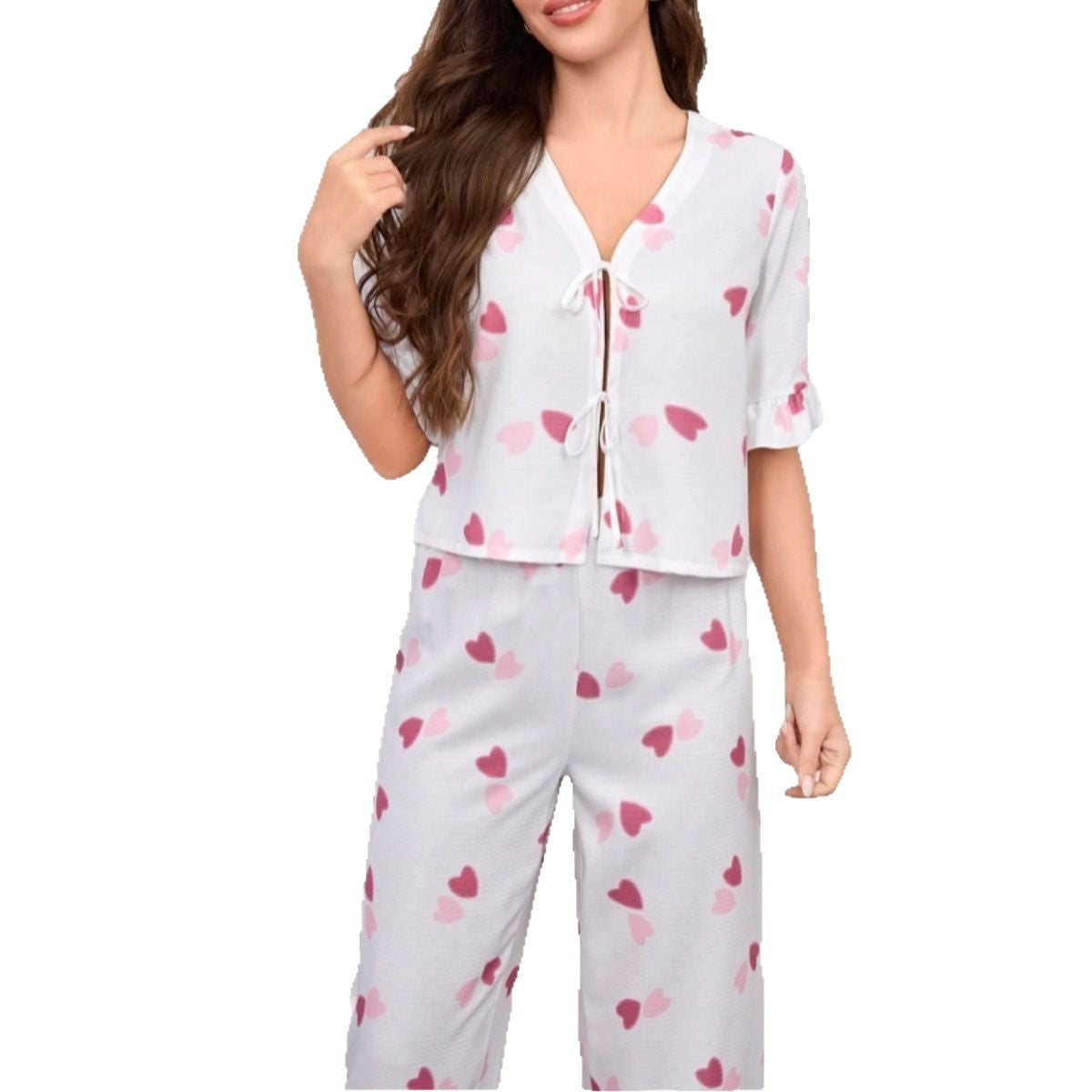 IvyShape | Heart Print Tie Band Long Pants Pajamas