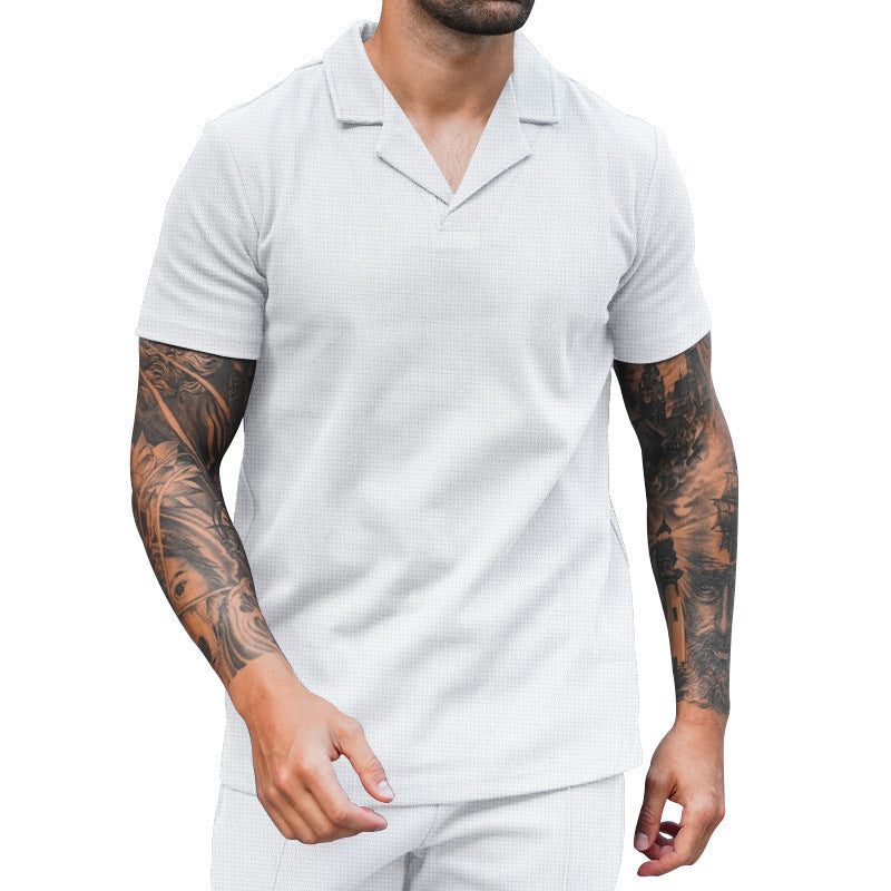 Men's short sleeve shirt with classic Henley neckline and textured surface Ivyshape