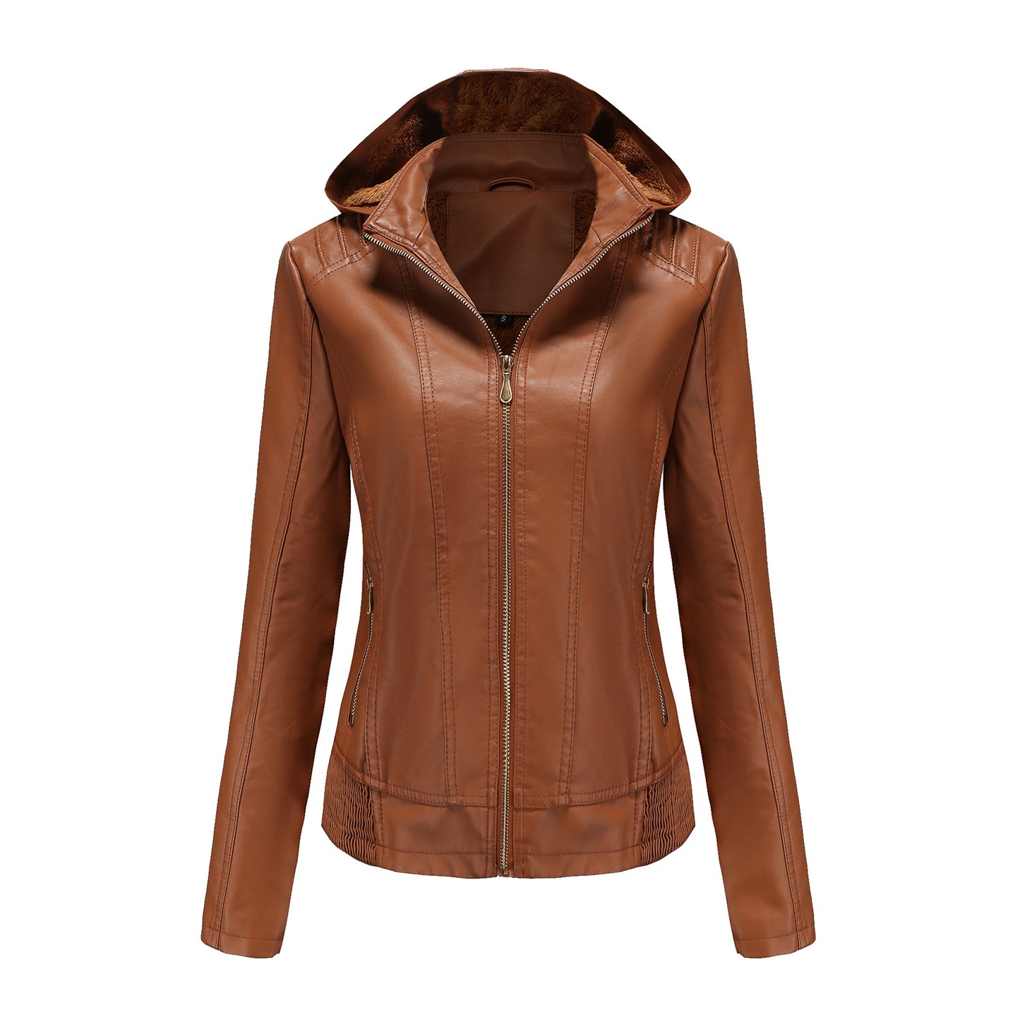 Ladies stylish faux leather jacket with high collar and elastic cuffs Ivyshape