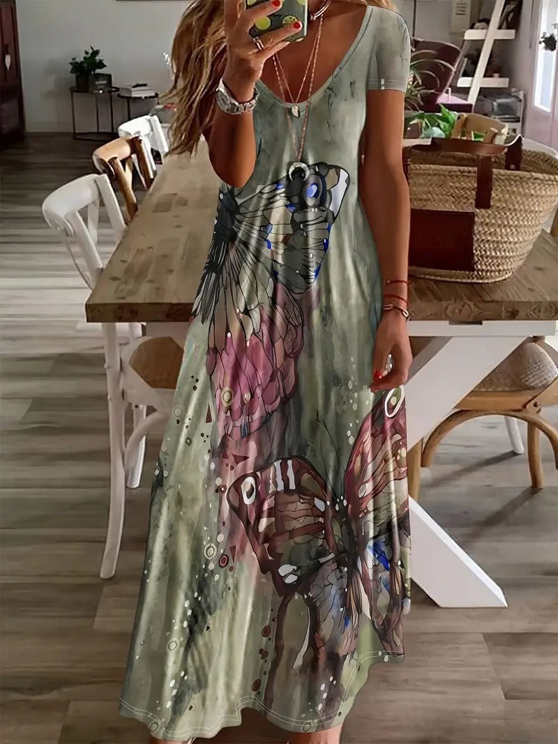 Women's maxi dress with tropical butterfly print and flowing cut Ivyshape
