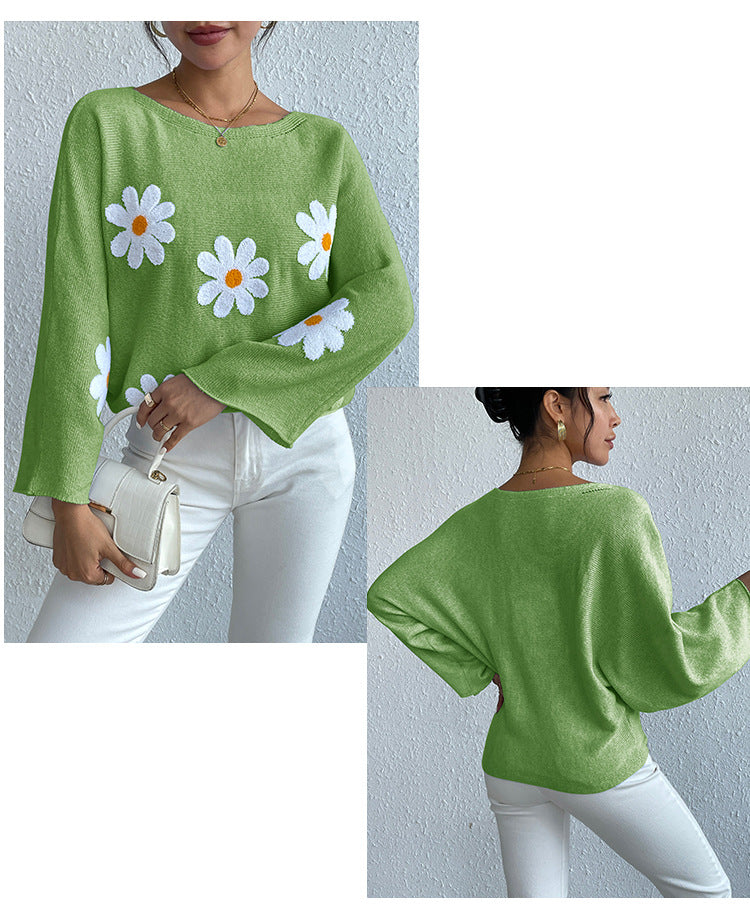 IvyShape | Floral Embroidery One-Shoulder Pullover Sweater