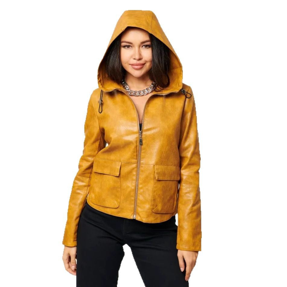 Women Faux Leather Jacket with Attached Hoodie and Practical Pockets Ivyshape