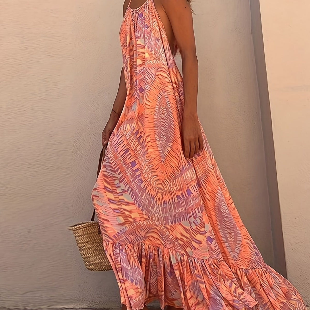 IvyShape | Elegant Printed Halter Big Hem Off-Shoulder Beach Long Dress