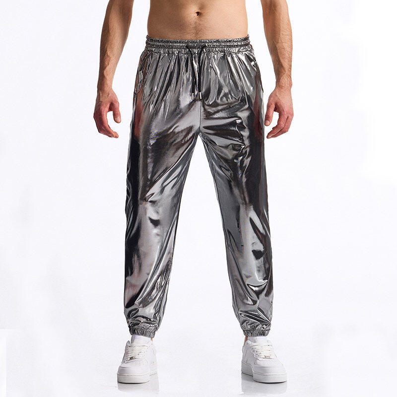 Men's fashionable sports pants with shiny surface and elastic waistband Ivyshape