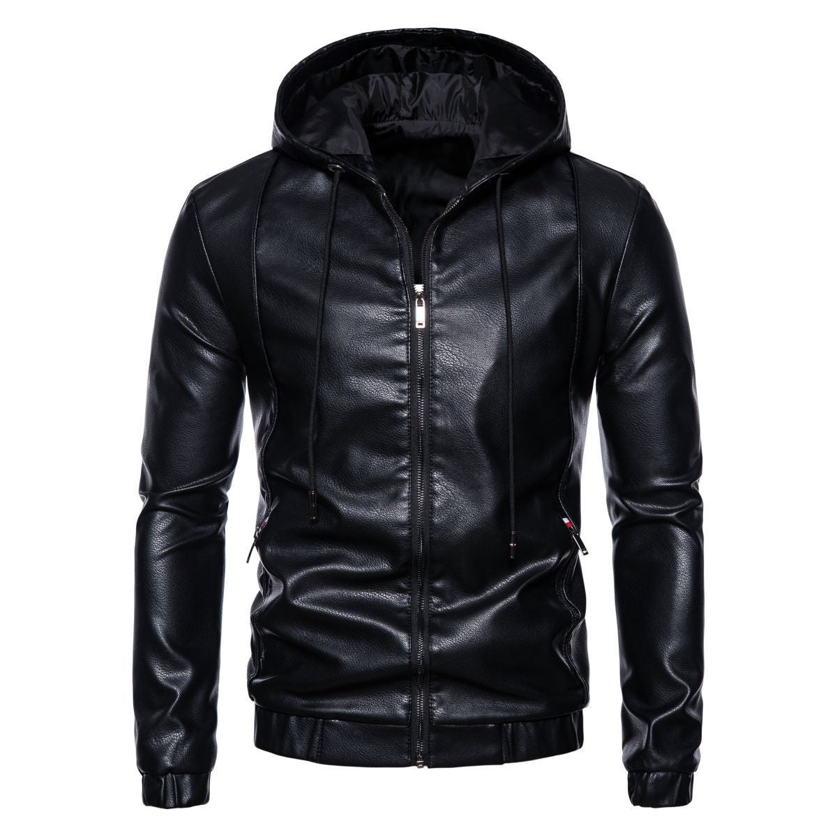 Men's synthetic leather jacket with practical hood design and sporty details Ivyshape
