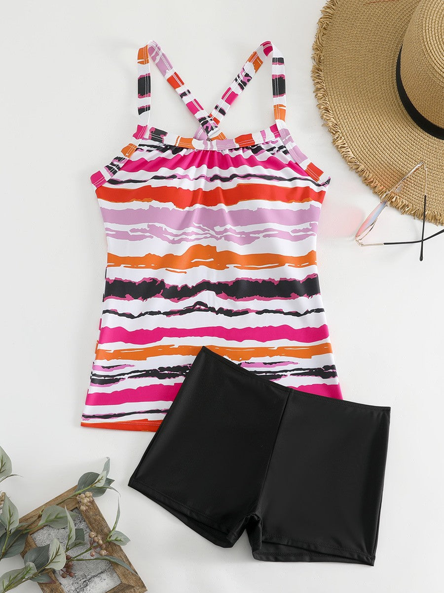 Ladies sporty tankini set with striped top and short-like bottom Ivyshape