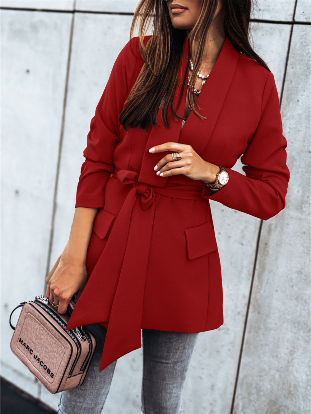 Women Fashion Blazer Jacket with Practical Belt and Deep Pockets Ivyshape
