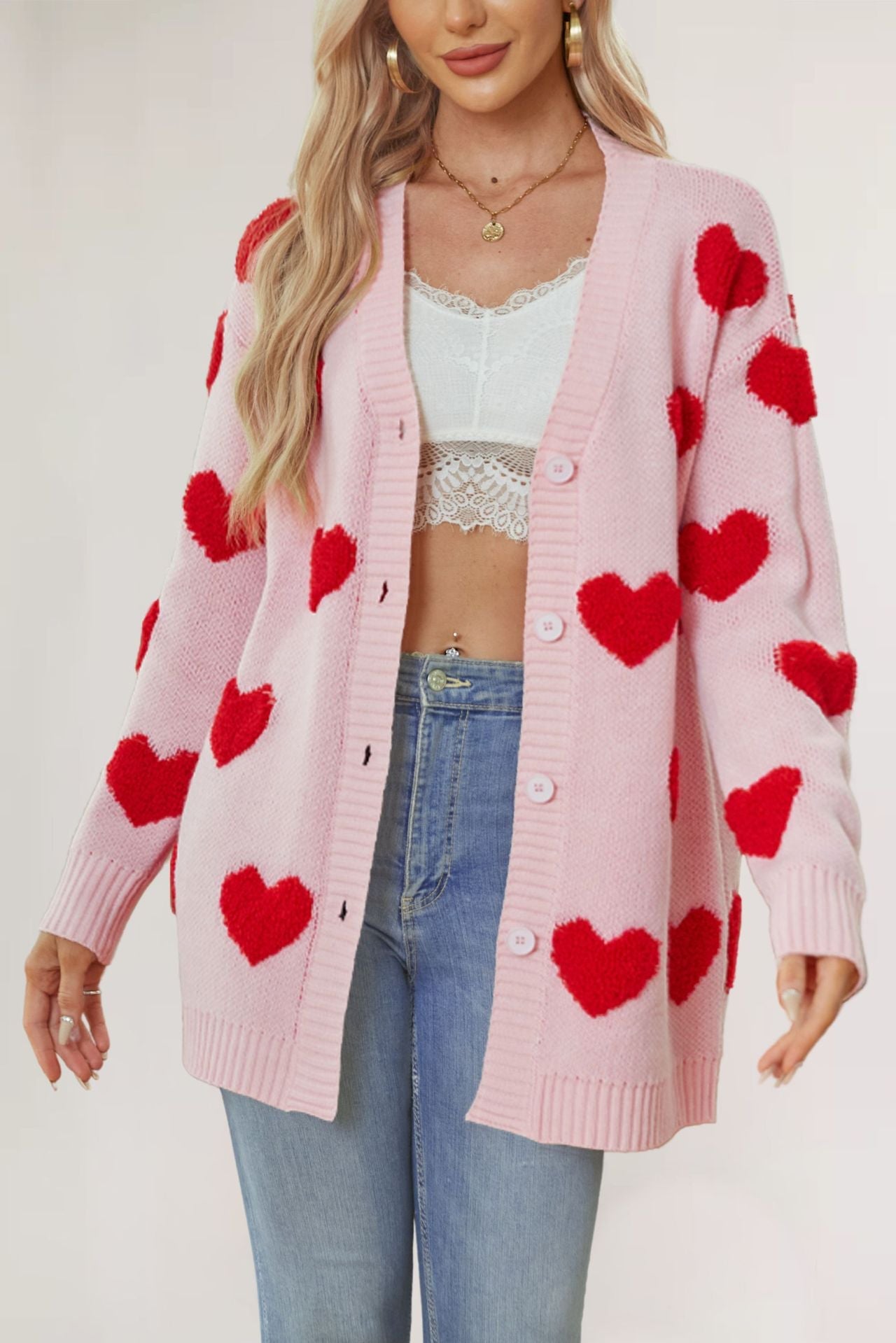 IvyShape | Valentine's Day V-neck Heart Cardigan