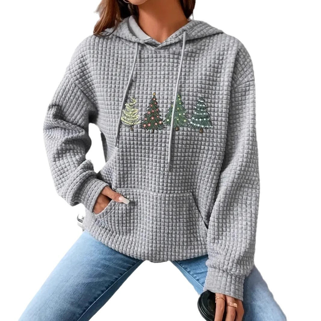 Women's waffle pullover with oversized hood and festive tree design Ivyshape
