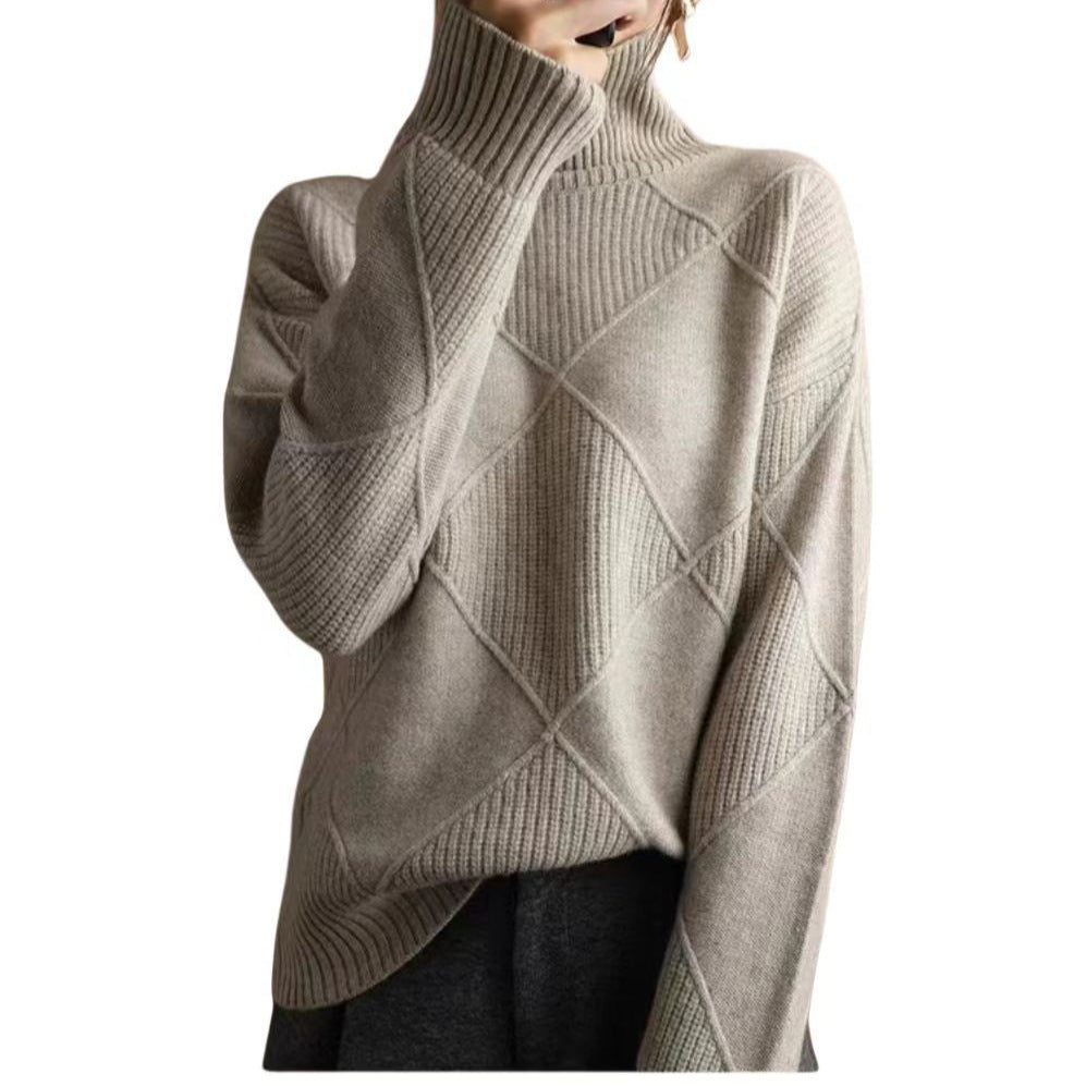 Women's high-quality knitted sweater with standing collar and extravagant diamond pattern Ivyshape