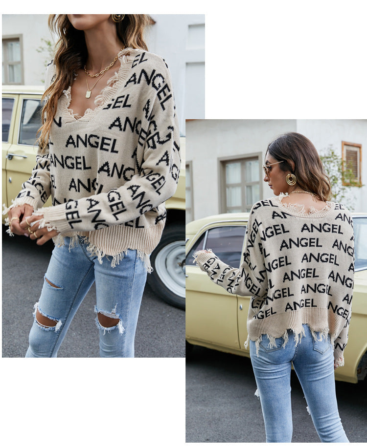 IvyShape | V-neck fringe sweater