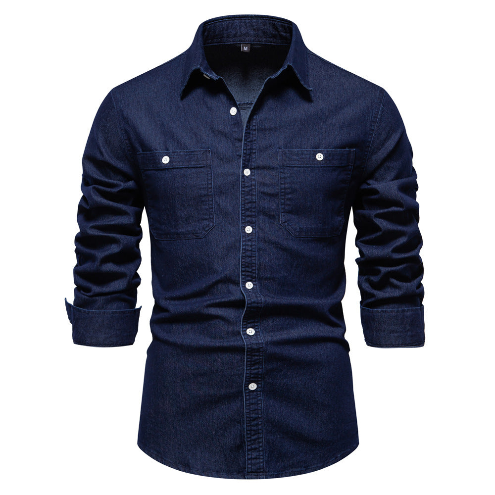 Men's denim shirt with double chest pockets and classic collar Ivyshape