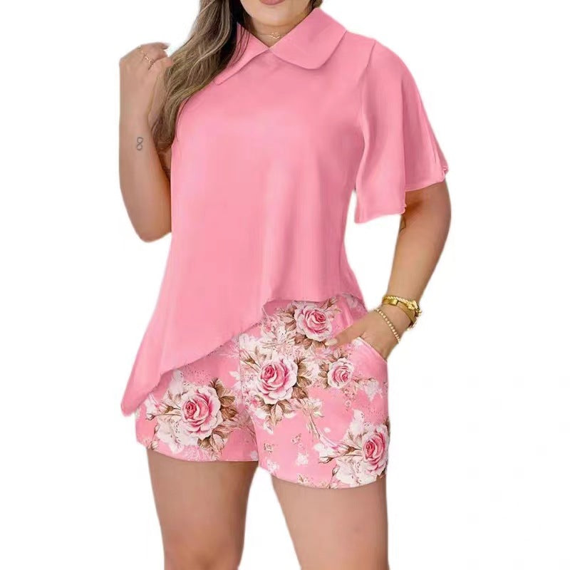 Women Fashionable Short Sleeve Top with Romantic Collar and Floral Pattern Shorts Ivyshape