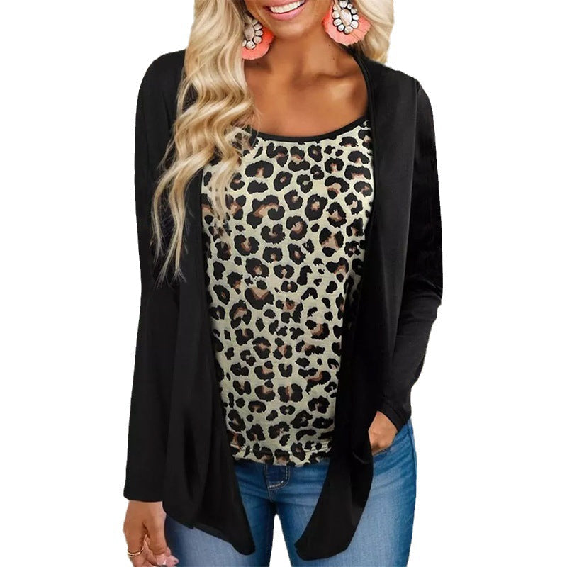 IvyShape | Leopard Print Spliced Faux Two-Piece Long Sleeve Top