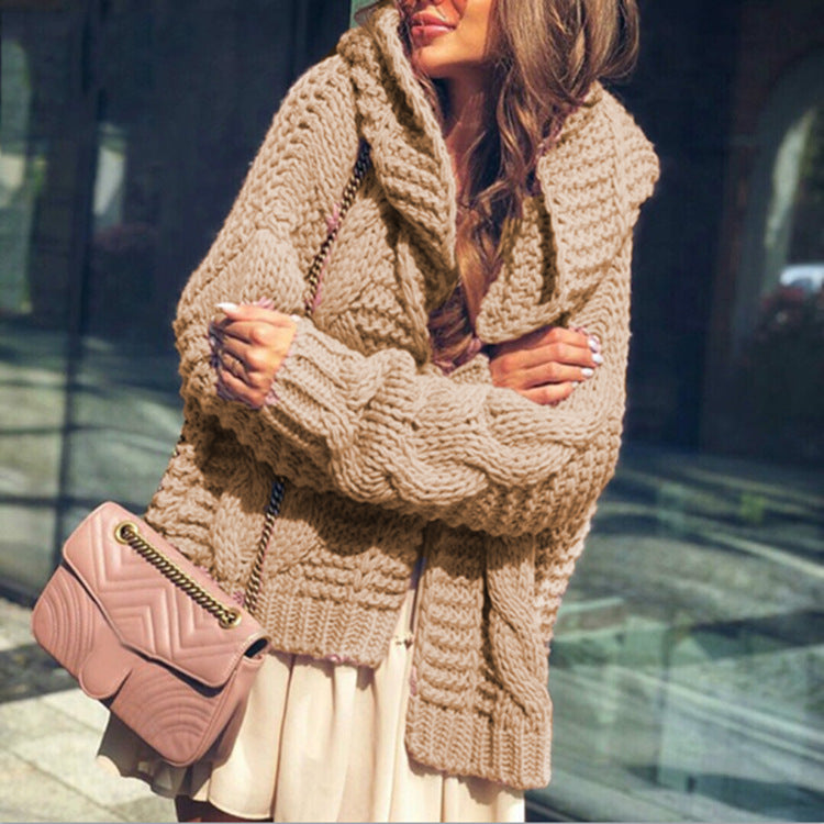 Women's chunky knit cardigan in a casual oversized style with shawl collar and large pockets Ivyshape