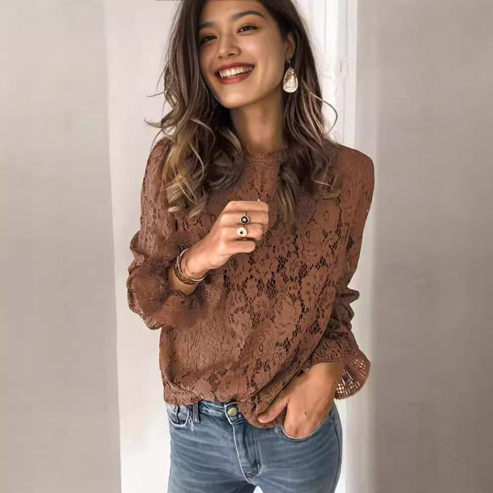 IvyShape | Fashionable Flare Sleeve Hollow Lace Shirt