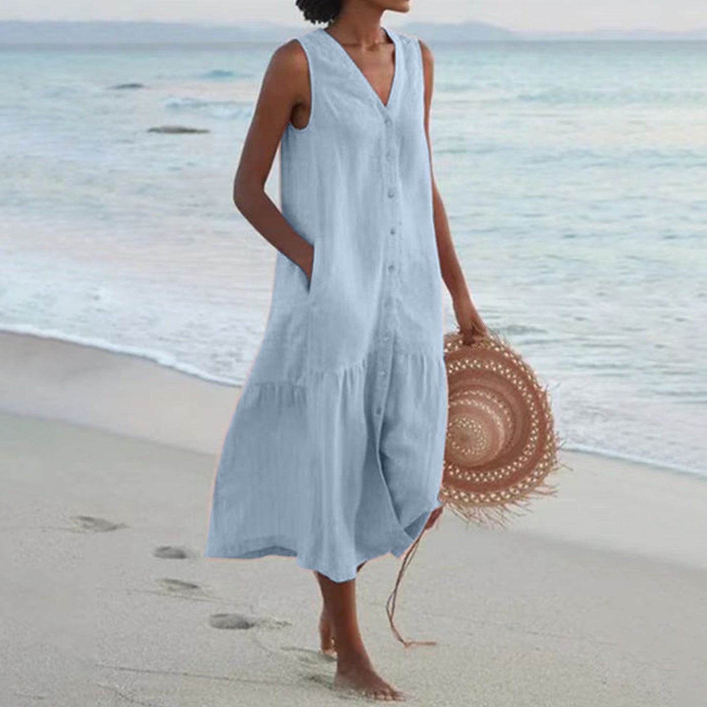 Women's airy maxi dress with button placket and practical pockets Ivyshape