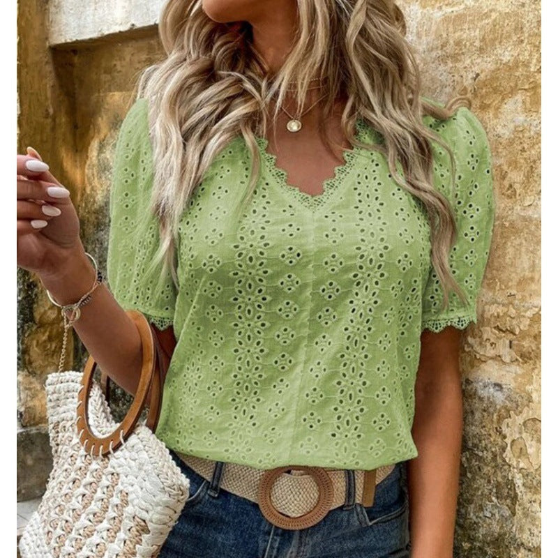 Women short-sleeved lace blouse with V-neck Ivyshape