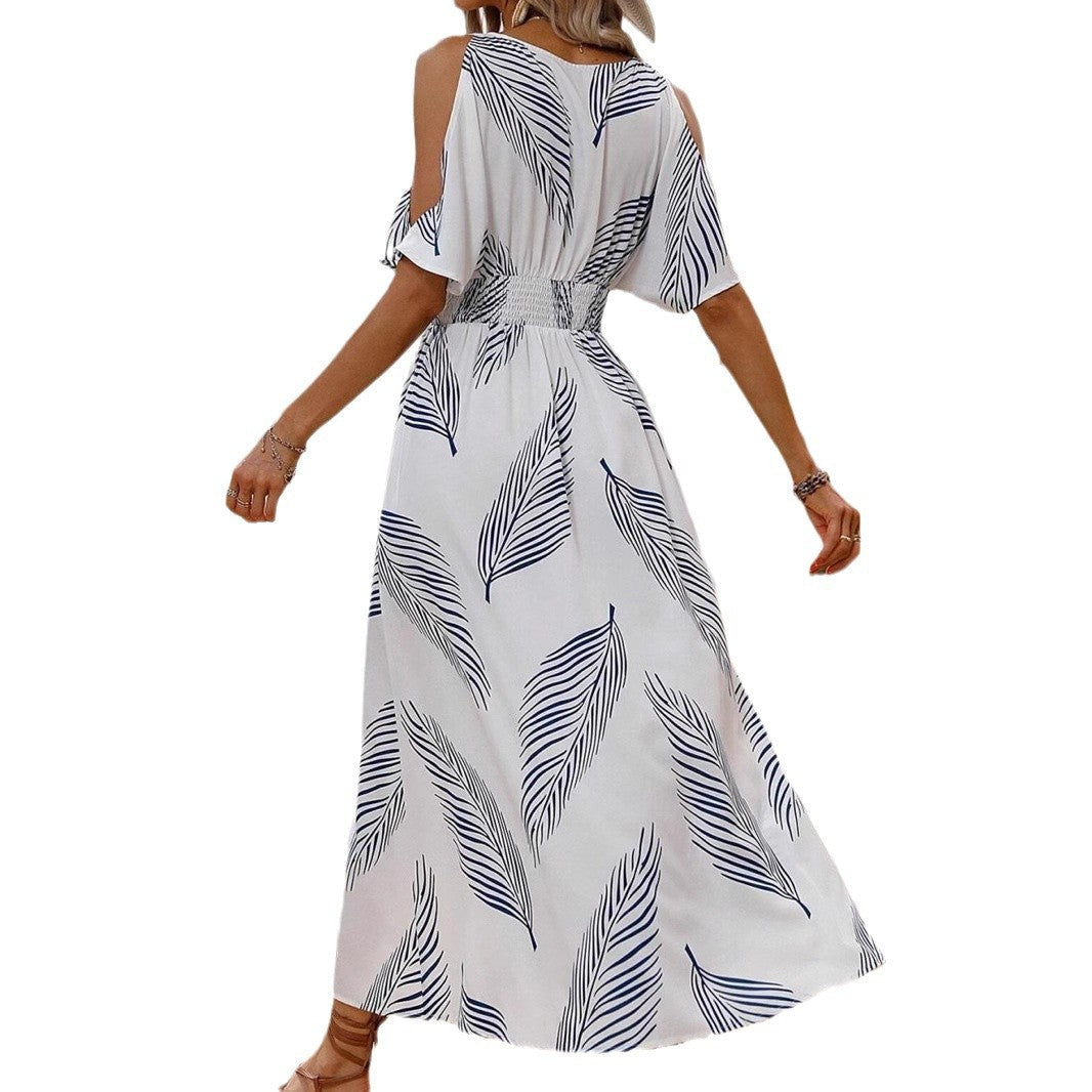 IvyShape | Printed Split V-Neck Off-Shoulder Vacation Maxi Dress