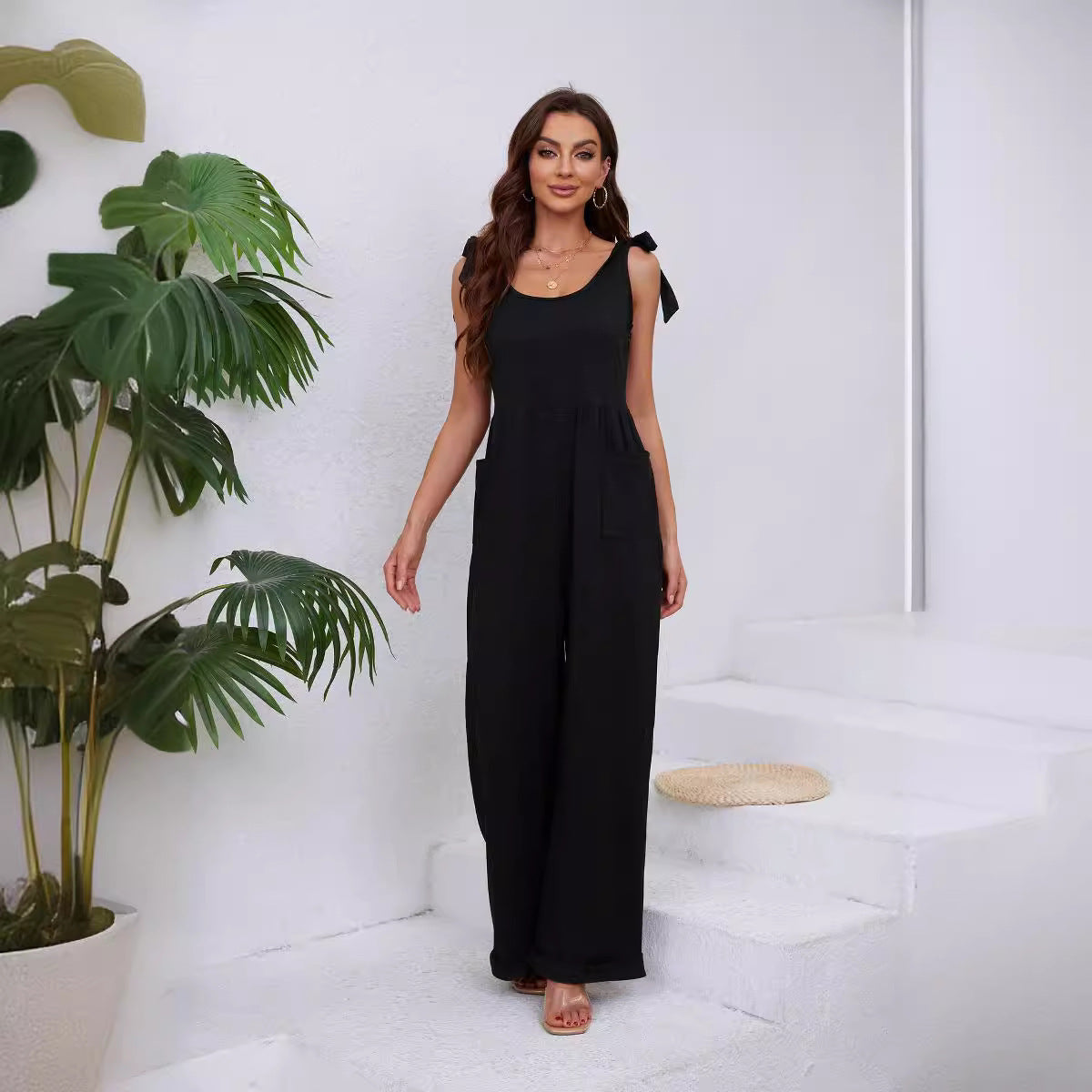 Ladies Elegant Jumpsuit with Adjustable Straps and Wide Leg Ivyshape