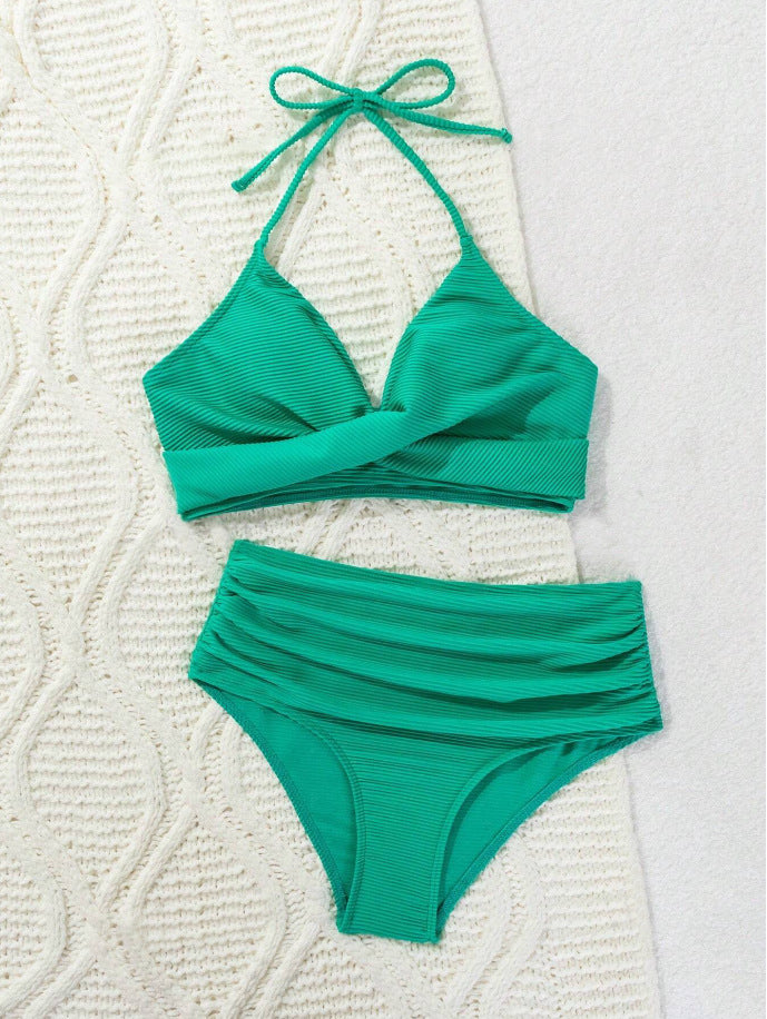 Ladies High-Waisted Bikini Set with Stylish Wrap Detail and Deep V-Neck Ivyshape