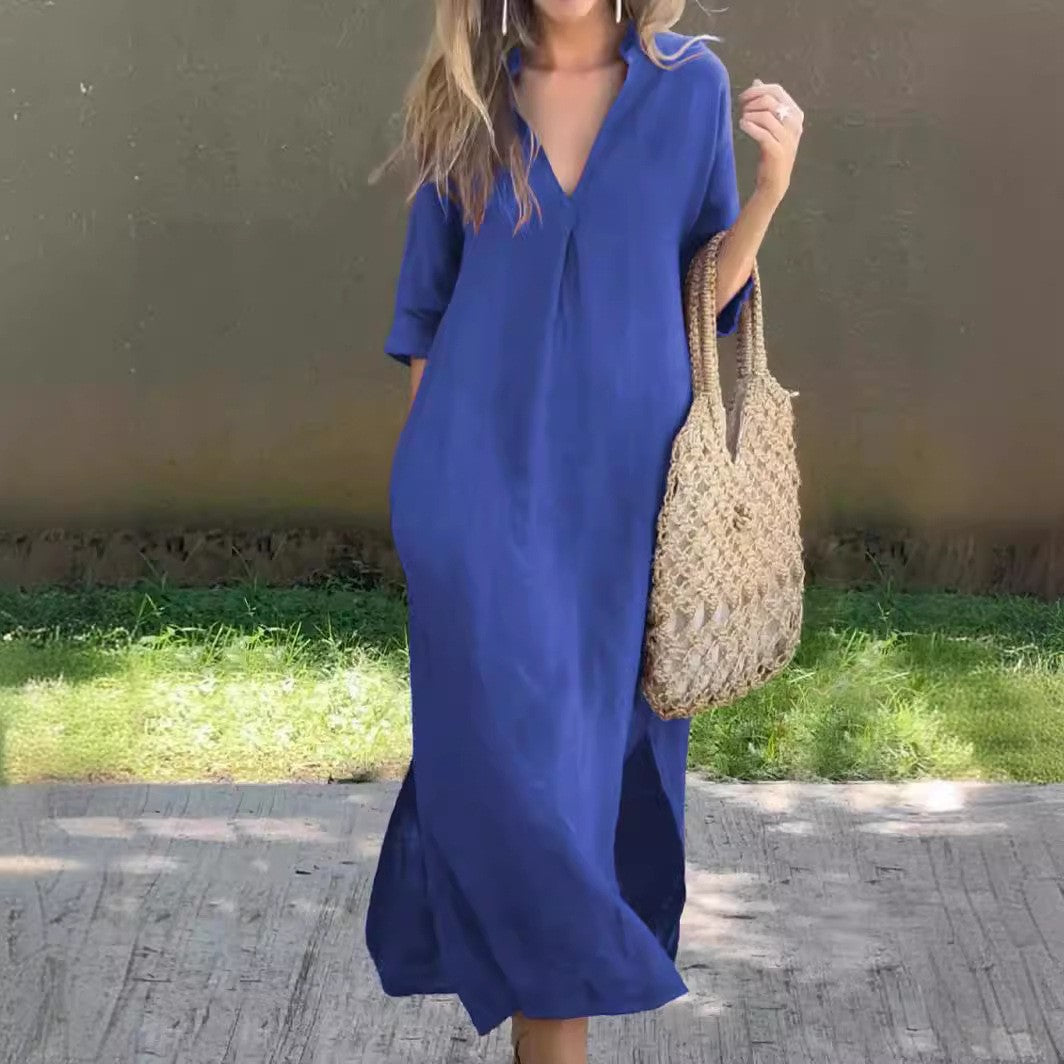 Women casual maxi dress with V-neck Ivyshape