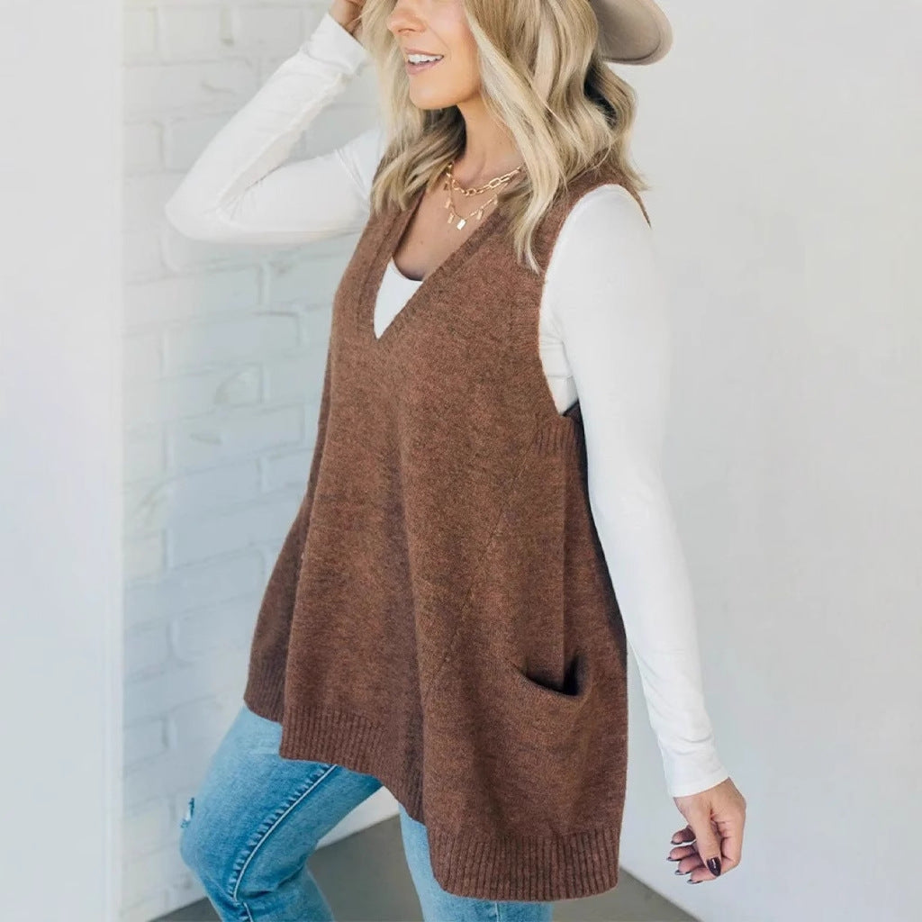 IvyShape | V-neck pockets knitted vest