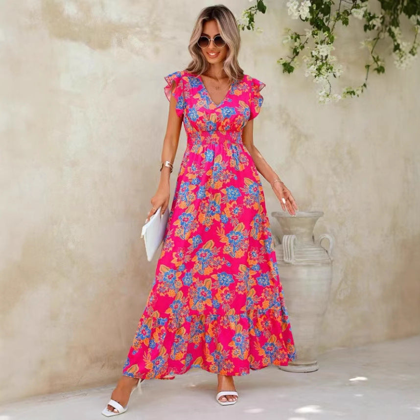 Ladies Summer Floral Maxi Dress with Ruffle Sleeves and Elastic Waistband Ivyshape