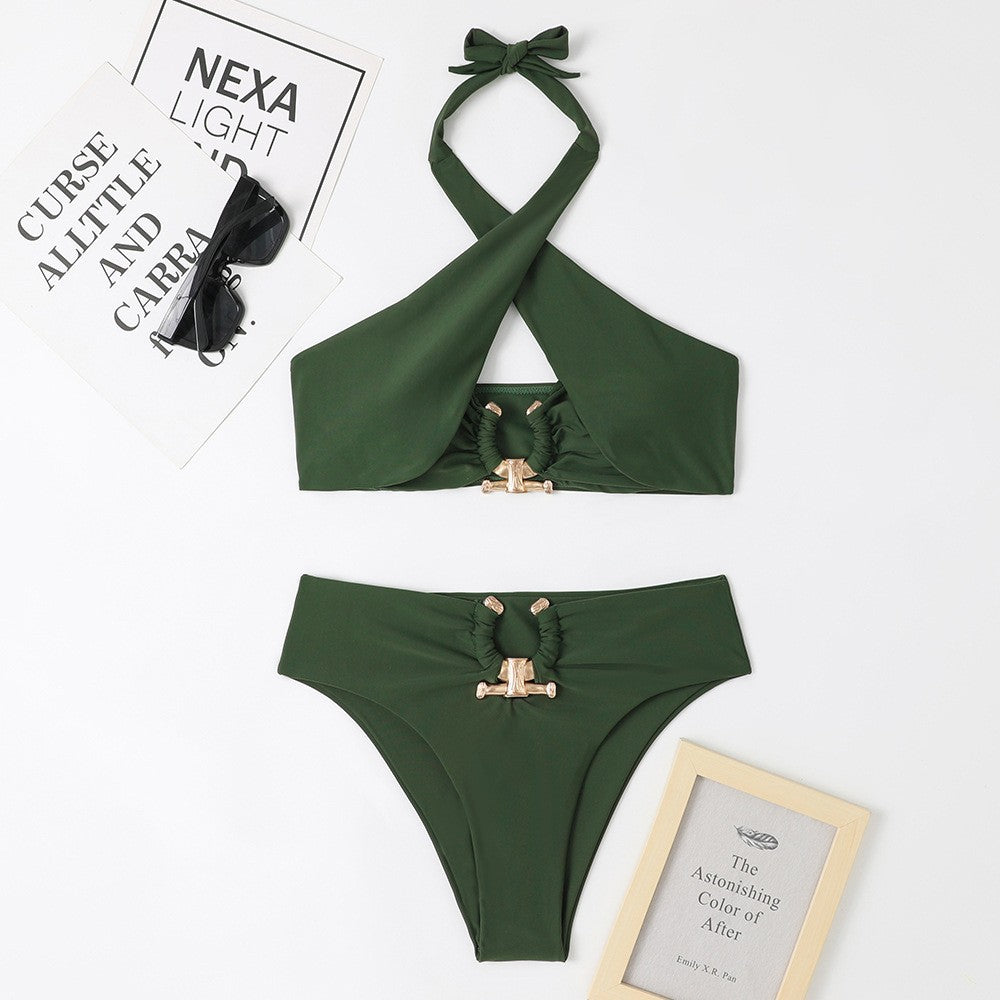 Women’s bikini set with trendy cross design and golden accents Ivyshape
