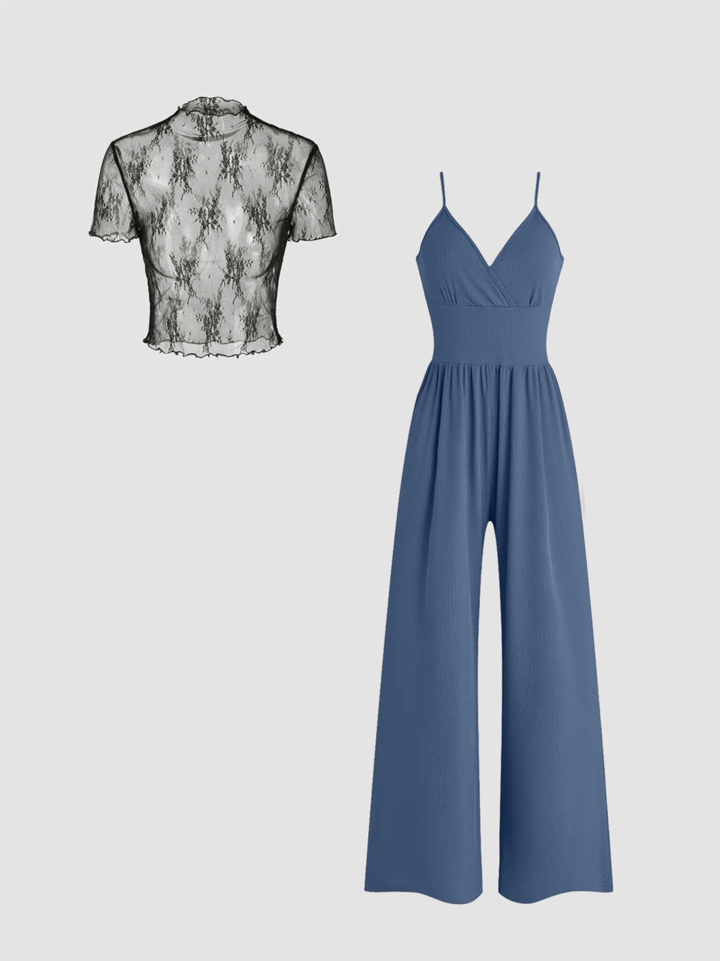 Women elegant V-neck jumpsuit with transparent blouse Ivyshape