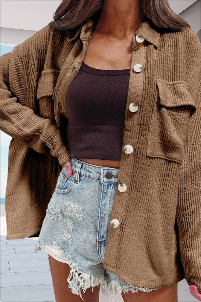 Women's casual oversized shirt blouse with textured design and practical pockets Ivyshape