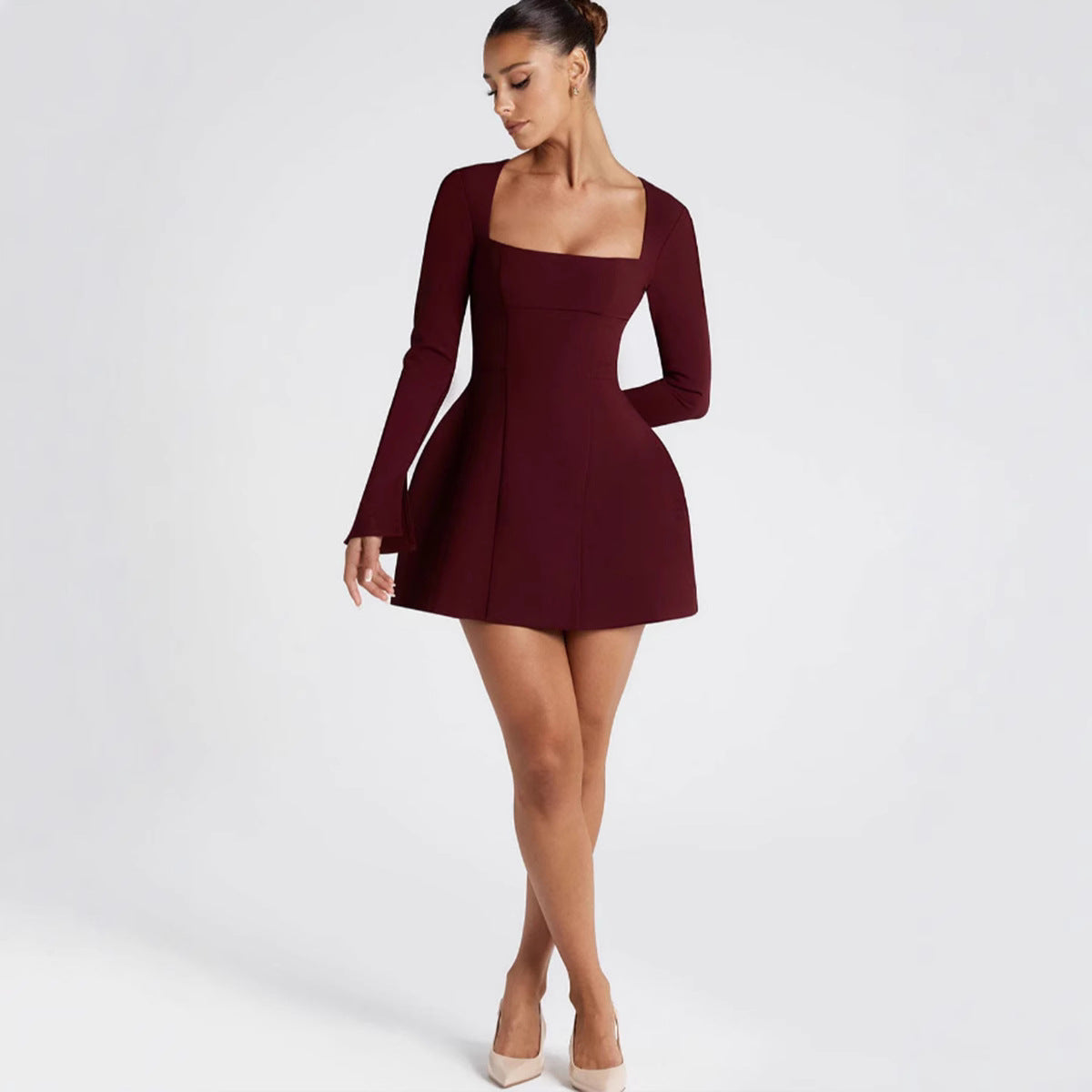 Women Figure-hugging Mini Dress with Elegant Square Neckline and Long Sleeves Ivyshape