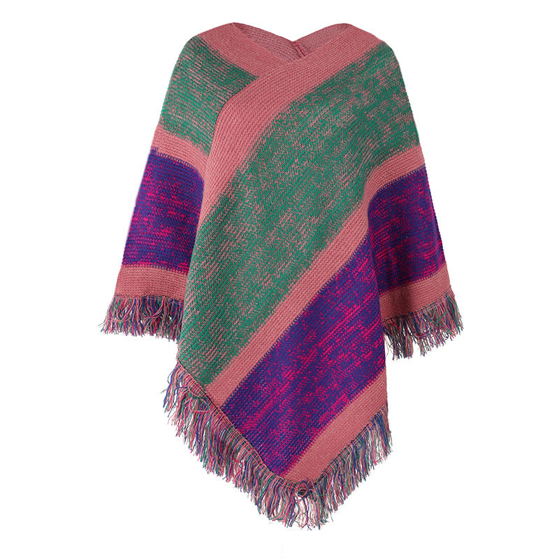 stripe knitted cape fringed cape