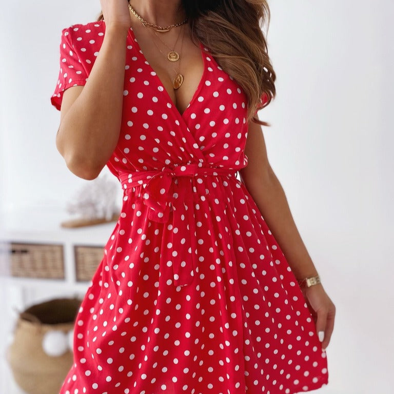 Women Polka Dot A-Line Mini Dress with Tie Belt Ivyshape