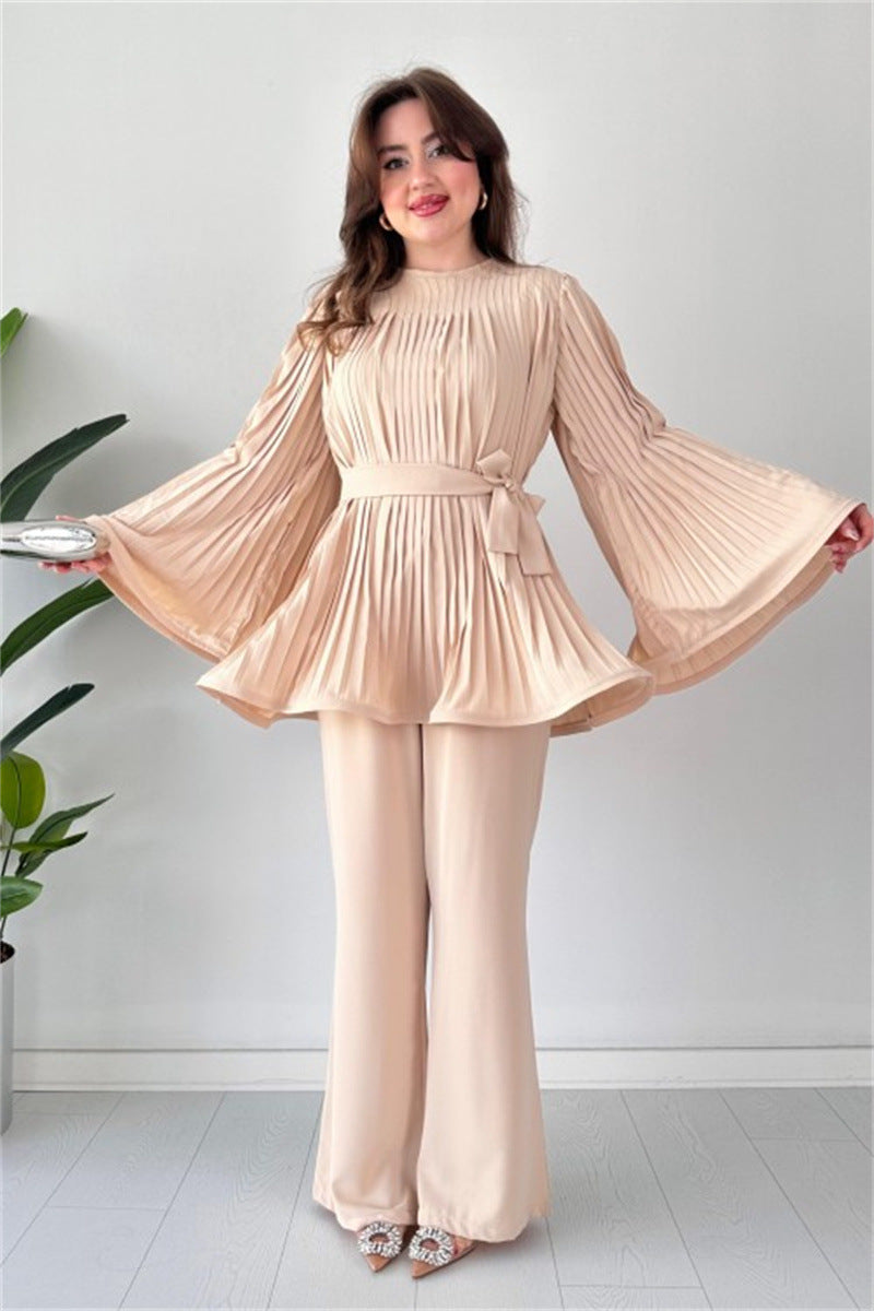 IvyShape | Tie-Waist Pleated Loose Top Wide Leg Pants Set