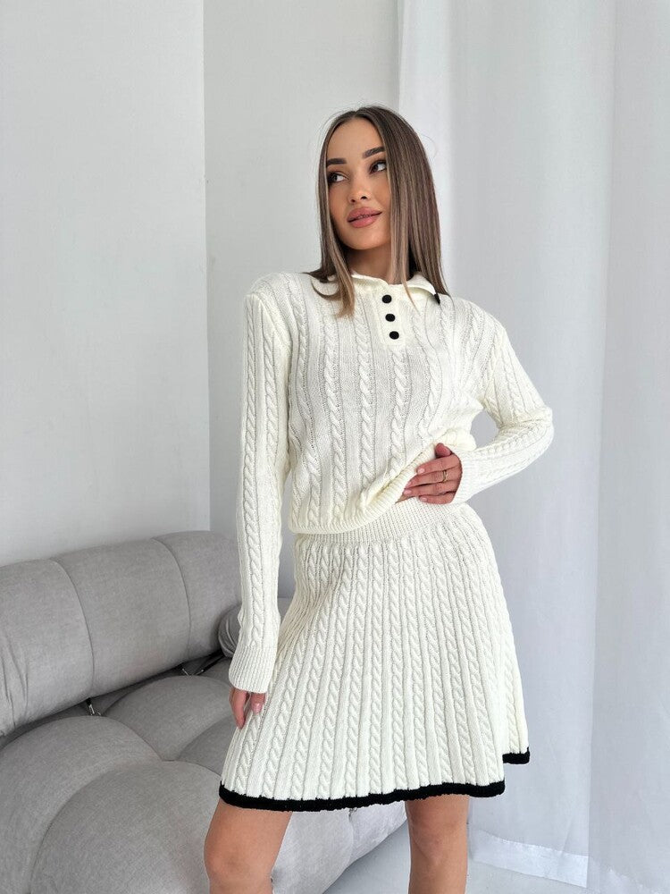 Women's knitted dress with modern polo collar and fine cable pattern Ivyshape