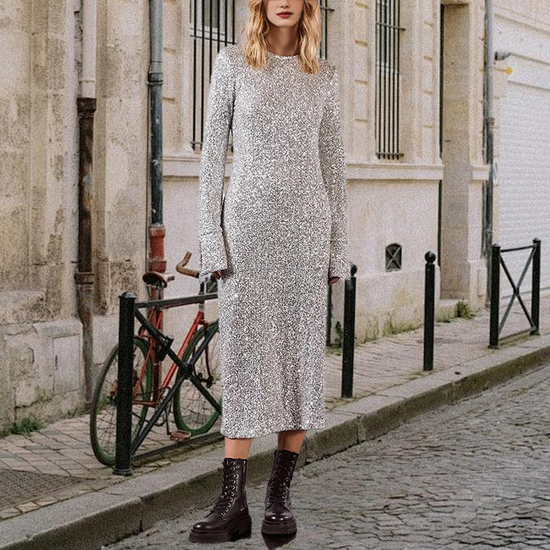 IvyShape | Simple Sequin Street Style Long Sleeve Fashion Dress