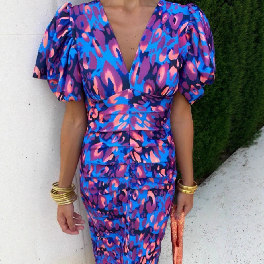 Women Figure-hugging Midnight Dress with Puff Sleeves and V-neck Ivyshape