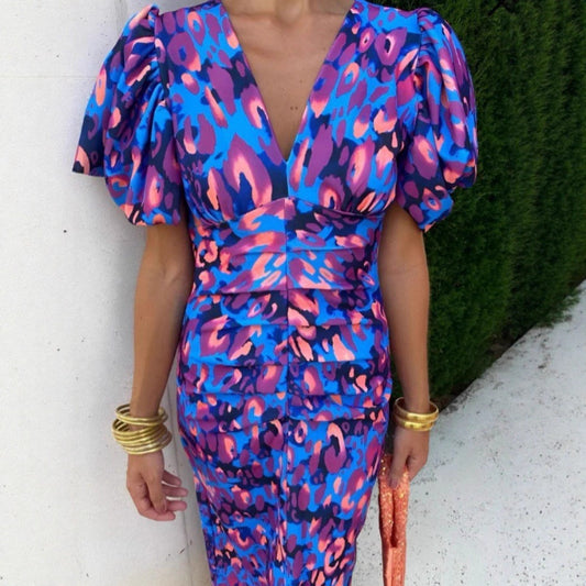 Women Figure-hugging Midnight Dress with Puff Sleeves and V-neck Ivyshape