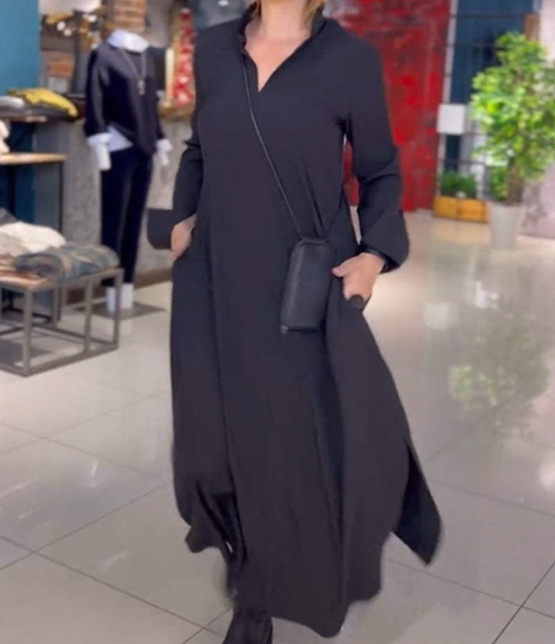 Women's Long Sleeve Shirt Dress with High Collar and Practical Side Pockets Ivyshape