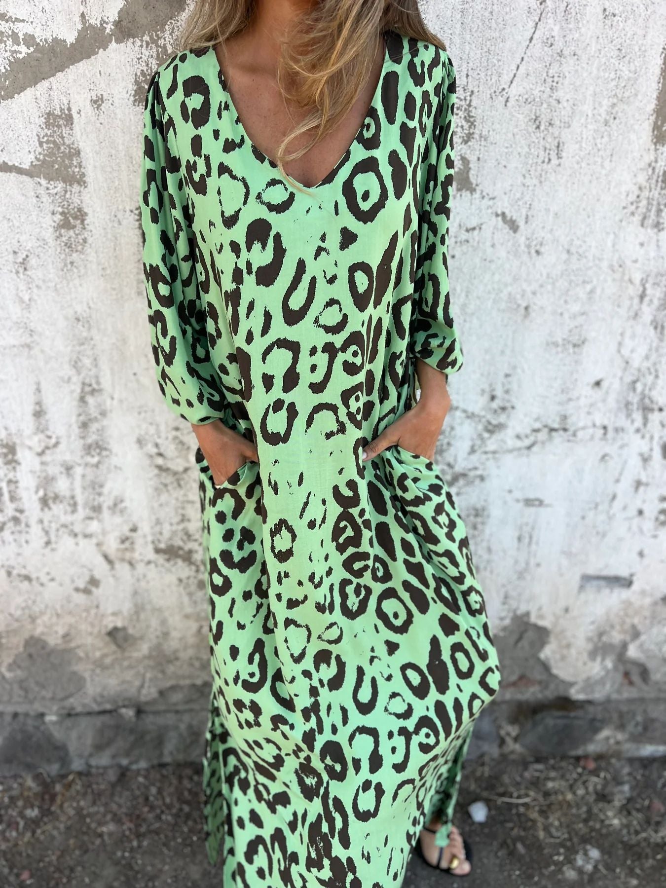 Ladies Long Sleeve Maxi Dress with Animal Print and Practical Pockets Ivyshape