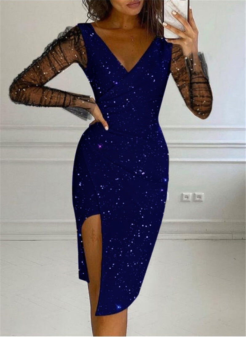 Women Elegant V Neck Bodycon Dress with Sheer Long Sleeves Ivyshape