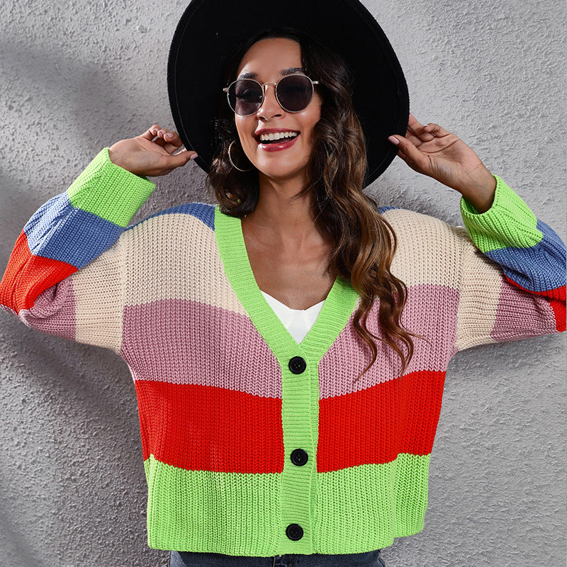 Ladies fashionable cardigan with colorful striped pattern and button details Ivyshape